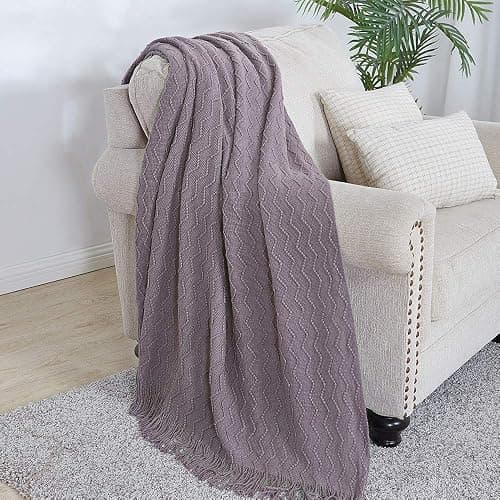 BOURINA Dark Lavender Throw Blanket 50x60 Inch Knit Soft Throw Sofa Blanket | Knitted Throw Blanket 50x60 Inches, Soft Lightweight Boho Weave Throw Decorative Couch Blanket for Living Room Bedroom Chair thumbnail 2