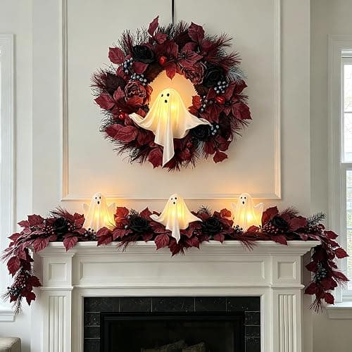 HipTree 20 Inch Lighted Ghost Halloween Wreath for Front Door | Spooky Ghost Wreath With Red Black Roses & Berries. Warm LED Light For Indoor Outdoor Porch, Window & Haunted House Decor thumbnail 4