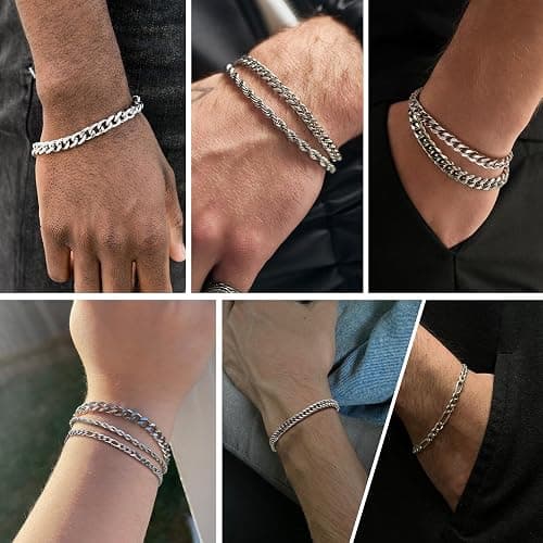 RANKEEF 5PC Chain Bracelet for Men - Stainless Steel Figaro Rope Cuban Link Set 7.5/8.3/9 Inches Mens Silver Bracelet- Gifts for Dad, Husband, Boyfriend thumbnail 6