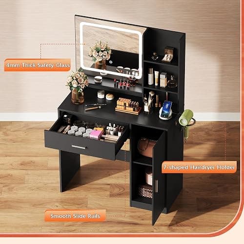 WLIVE 35‘’ Modern Makeup Vanity Desk with Mirror and Lights, Dressing Table with Storage Drawers and 3 Open Shelves for Bedroom, Makeup Table with Power Outlets and Hairdryer Holder, Black thumbnail 6