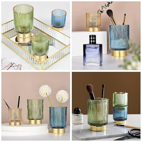 DASITON Makeup Brush holder Organizer,Crystal Cosmetic Makeup Brush Glass Brushes Storage Holder, Vintage Make Up Brush Cup Pen Pencil Holder striped vase(Coffee S＋L) thumbnail 5