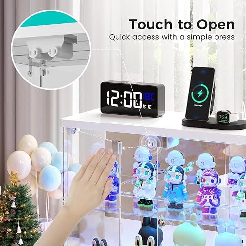 Dystler Lighted Clear Glass Display Case - for Figures & Collectibles, Small 2-Tier Display Cabinet with Charging Station, LED Display Box with Lights & Human Sensor, for Model Car, Perfume, White thumbnail 3