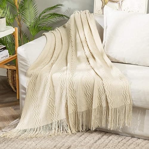 MIULEE Knitted Beige Throw Blanket Soft Sofa Knit Blanket for Couch 50 x 60 Inches, Solid Cozy Lightweight Wave Pattern Decorative Blankets with Tassels for Women, Kids - Image 1