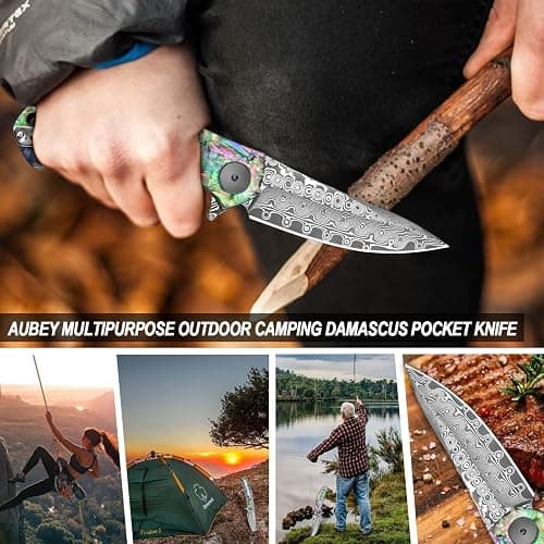 AUBEY Damascus Pocket Knife for Women Men, Sharp 3.23" Damascus Steel Blade Knife with Clip, EDC Hunting Knives with Abalone Shell Handle, Gift for Camping Outdoor thumbnail 6