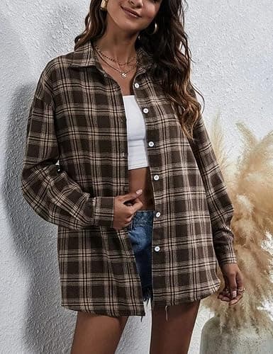 HangNiFang Womens Flannel Plaid Shirts Oversized Button Down Shirts Blouse Tops - Medium - Coffee thumbnail 2