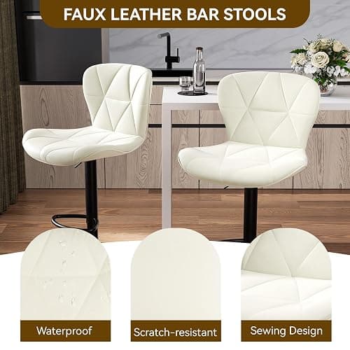 Nalupatio Modern Bar Stools Set of 2, Adjustable Faux Leather Upholstered Swivel Bar Stools, Counter Bar Chairs with Back for Kitchen Island, Cream White thumbnail 3