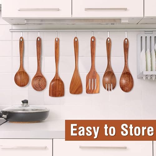 Mooues 9 Piece Natural Teak Wooden Kitchen Utensil Set with Spoon Rest - Comfort Grip Cooking Spoons and Utensils Holder thumbnail 4