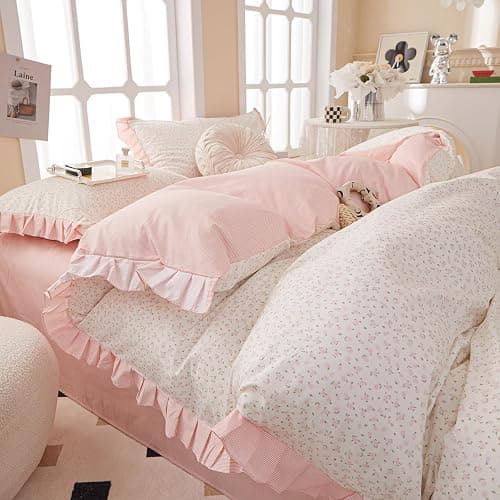 Pink Floral Duvet Cover Full 100% Cotton Ruffle Duvet Cover Girls Princess Lace Bedding Set Botanical Flower Comforter Cover with Zipper Closure Vintage Country Bedding Cottagecore Duvet Cover Set - Image 1
