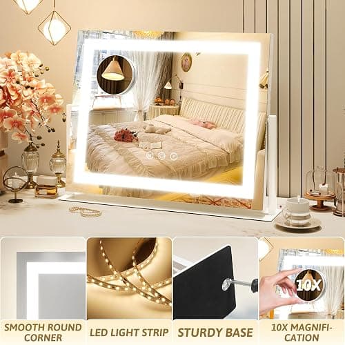ROLOVE Vanity Mirror with Lights 22"x18", Lighted Makeup Mirror with 10X Magnification, Smart Touch 3 Colors Dimmable, 360° Rotation, Women Gift, Dresser Mount, Bathroom (White) thumbnail 5