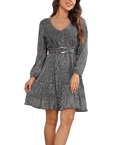 NERLEROLIAN Woman Shiny Threads Dress Long Sleeve Lined with Belt V Neck Mini Pleated Dress thumbnail 4