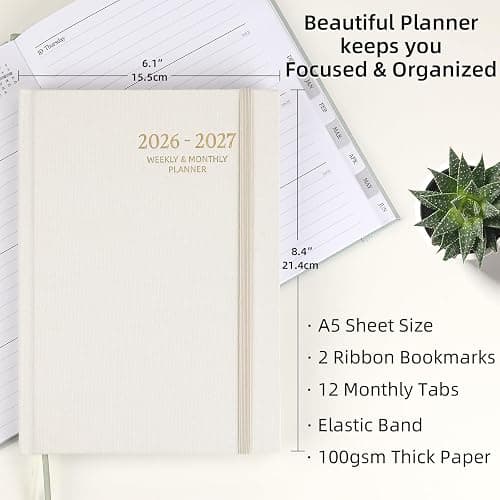 2026-2027 Planner - Weekly and Monthly Planner, July 2026 - June 2027, Linen Hardcover, 2026-2027 Calendar Planner Book with Tabs, Aesthetic, Perfect for Office Home School Supplies (Beige, A5 (Jul 2026-Jun 2027)) thumbnail 2
