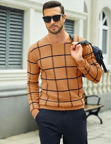 MAGCOMSEN Men's Crewneck Sweaters Cotton Lightweight Plaid Pullover Sweater Warm Casual Fall Winter Sweatshirts thumbnail 5