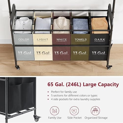 Tajsoon Laundry Sorter Cart with Hanging Rack, 5 Section Laundry Hamper, 246L (65 Gal.) Laundry Basket with Wheels, Removable Hamper Organizer for Dirty Clothes Bathroom Cloakroom, 5 Colors thumbnail 4