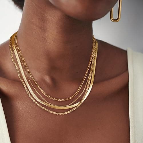 Tewiky Layered Necklaces for Women 14k Gold Plated Chain Necklace Set | Chunky Herringbone/Snake/Rope/Box/Cuban Link Chain for Women, Layering Stack Choker Necklace, Dainty Jewelry Set Non Tarnish thumbnail 4