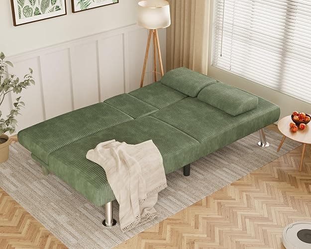 Flamaker Futon Sofa Bed Corduroy Folding Couch Adjustable Sleeper Sofa Bed for Small Apartment Upholstered Living Room Furniture Set with 2 Cup Holders Removable Armrests (Corduroy, Green) thumbnail 2