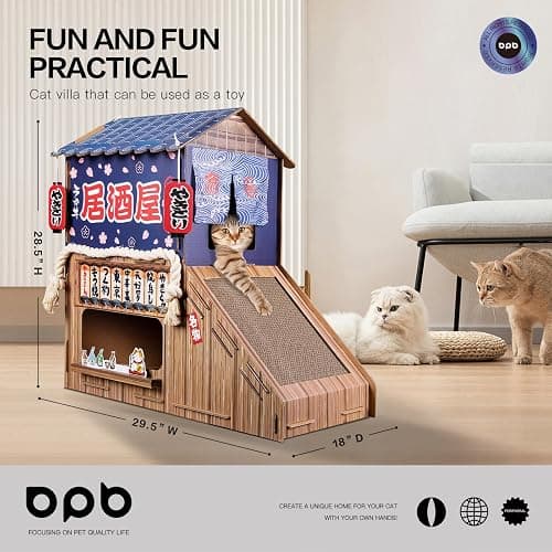 opbodqo Cardboard Cat House for Indoor Cats,Cat Bed with Cat Toys,Cat Tunnel with Cat Scratching Posts,Large Cat Houses & Condos,Suitable for Kitty of All Weights(29.5inx28.5inx18in) thumbnail 2