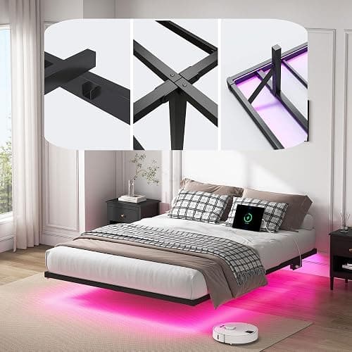 YORMDMO Floating Bed Frame Queen Size, Heavy Duty Bedframe with Smart LED Lights & Charging Station, Modern Metal Platform Bed, Easy Assembly No Box Spring Needed, 10 Inch thumbnail 7