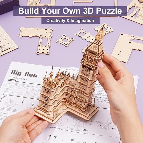 ROBOTIME 3D Puzzle for Adults Wooden Craft Kits for Teens DIY Construction Model Kit with LED Light to Build Educational Big Ben Set Toys Birthday Gifts thumbnail 7