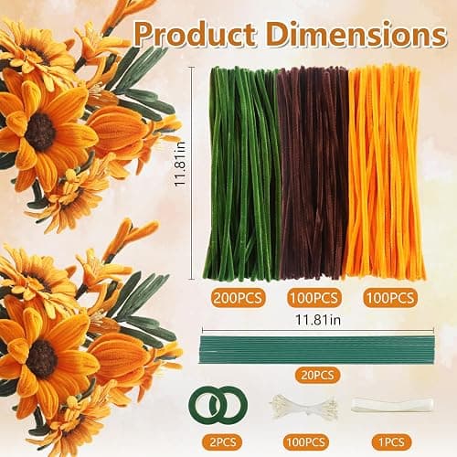 400 Pcs Golden Pipe Cleaners Craft for Flowers, 3 Colored Pipe Cleaner Flower Kit, Pastel Chenille Stems for Handmade Bouquet Wrapping Party Decorations with Floral Wire, Ribbons, Tape thumbnail 2