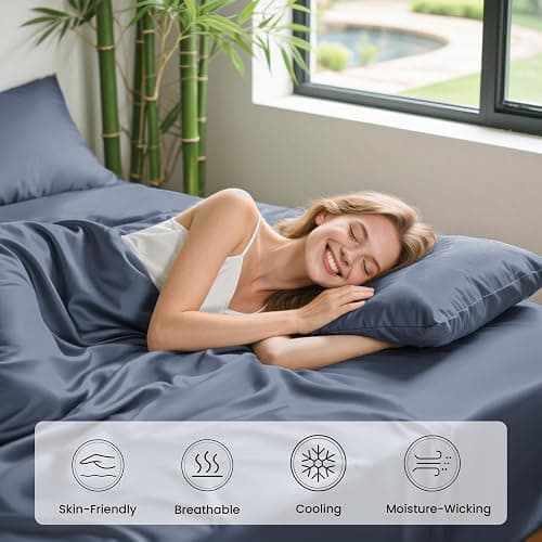 Love's cabin 4 Piece Full Size Sheet Set, 100% Rayon Derived from Bamboo, Cooling & Breathable, Soft Silky Deep Pocket up to 16", Hotel Luxury Bedding for Hot Sleepers, Bluish Grey thumbnail 5