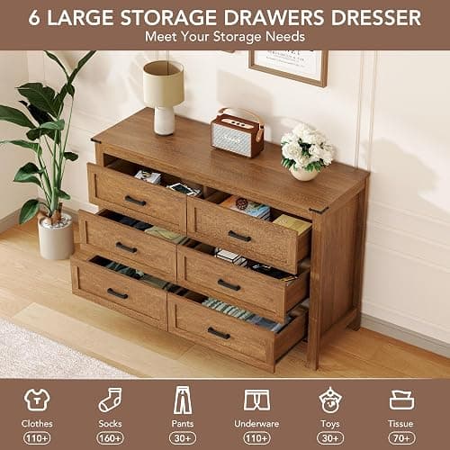 EazeHome 3 Piece Bedroom Set - Includes 6 Drawer Dresser for Bedroom, Set of 2 Nightstands with Open Storage Shelf and Drawers, Retro Dresser and Nightstand Sets, Rustic Brown thumbnail 4