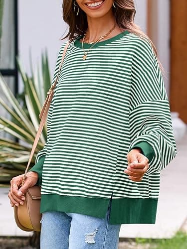 Fisoew Women's Fall Oversized Sweatshirt Casual Waffle Knit Long Sleeve Crewneck Split Pullover Tunic Tops thumbnail 3