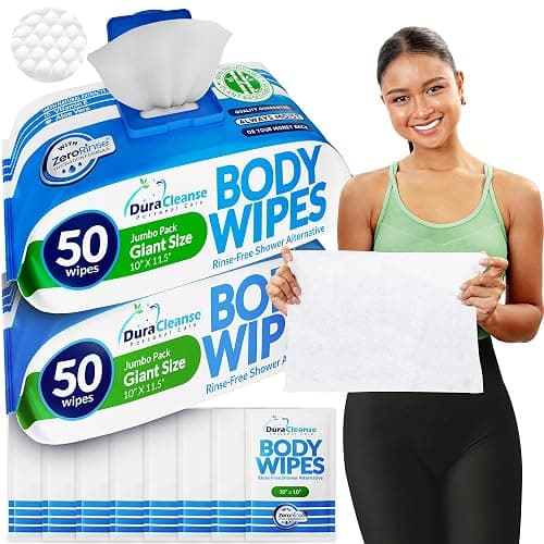 Dura Cleanse Body Wipes for Adults No Rinse Bathing (2 Pack) 100 XL Shower Cloths + 8 Travel Sheets – 10" x 11.5" Thick Disposable Washcloths for Camping & Elderly Care - Image 1
