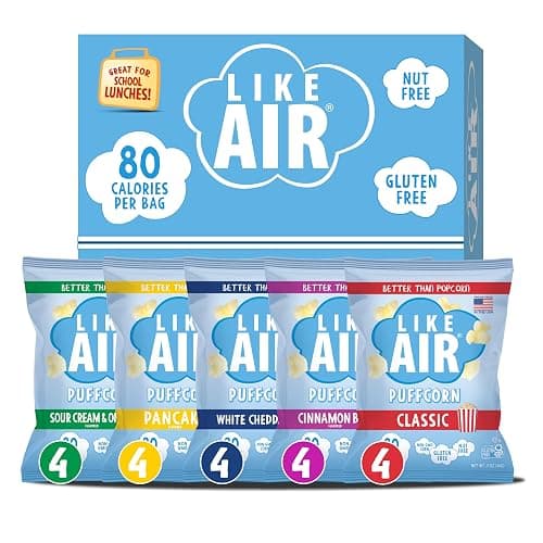 Like Air Puffcorn 5 Flavor Variety Pack (Pack of 20) - Snack Box, 50 Calories Per Cup, Gluten Free Snacks For Kids, Kosher, Non-GMO Corn, Shark Tank Product - Image 1