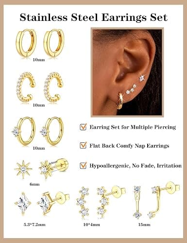 Dochais 7 Pairs Small Stud Hoop Earrings for Women 14K Gold Plated Huggie Earring Sets for Multiple Piercing Hypoallergenic Dainty Earring Stacks Cute Silver Cartilage Jewelry Trendy Gifts - Gold Earring A - Yellow Gold thumbnail 2