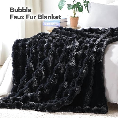 Smoofy Faux Fur Throw Blanket for Couch – Black Fluffy Cozy Rabbit Fleece, Plush Soft Bubble Blanket for Sofa & Bed, for Mom, Warm Fuzzy Home Room Decor Throw 50" x 60" thumbnail 2