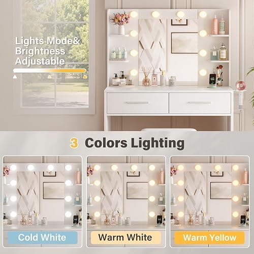 YESHOMY Vanity Desk with Mirror, Makeup Table with 2 Large Drawers, Power Outlet and Round Holder, 3 Color Modes Adjustable Bulb, Bench Included, Easy Assembly, Gloss White thumbnail 5