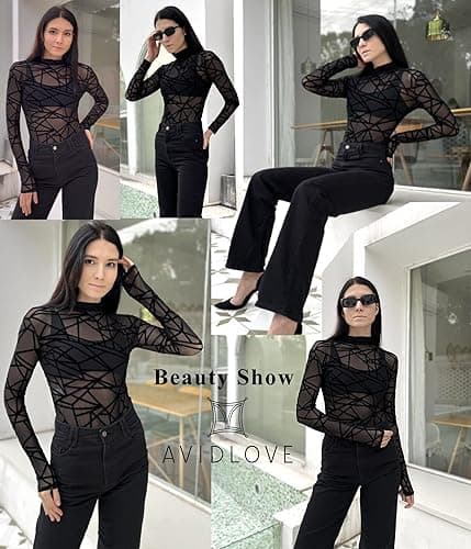 Avidlove Long Sleeve Bodysuit for Women Turtleneck Sheer Mesh Bodysuit Geo Print Leotards thumbnail 6