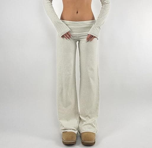 Women Y2k Foldover Pants Wide Leg Flare Sweatpants Low Rise Lounge Bottoms | Fold over Color Block Leggings, Cute Straight Leg Yoga Pj Pants thumbnail 4