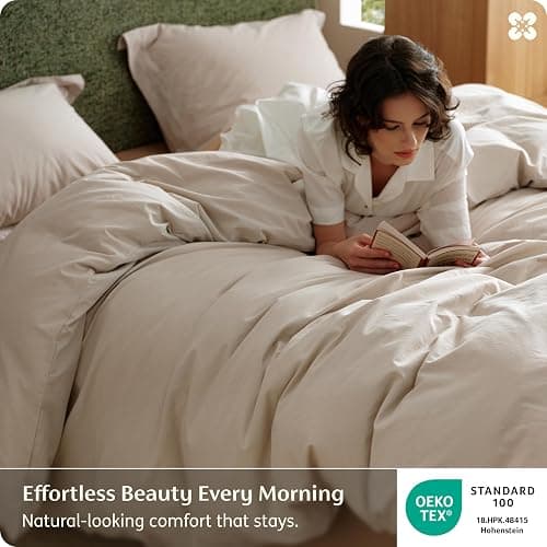 Bedsure 100% Washed Cotton Duvet Cover Queen Size - Oatmeal Minimalist Bedding Set Linen Like - PureWoven Plain Simple & Soft Comforter Cover for All Seasons (Oatmeal, Queen, 90"x90") thumbnail 3