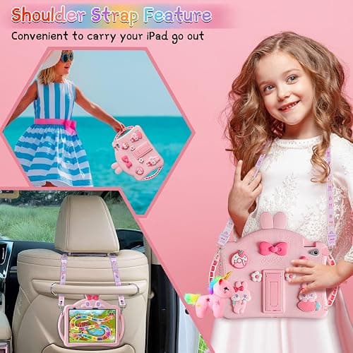 WESADN for iPad 10th Generation Case 10.9 Inch 2022 Kids Girls for iPad A16 Case 11th Gen 11 Inch 2025 with Screen Protector Shoulder Strap Kickstand Keychain Cute Rabbit Silicone Tablet Cover,Pink thumbnail 5