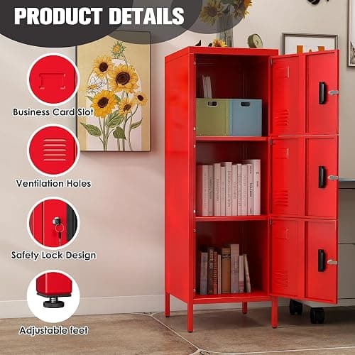 SUPEER Metal Storage Locker with Ventilation Holes, Metal Storage Locker with Lock and Card Slot for School, Office, Home,47.3" H x 15.8" W x 15.8" D,Assembly Required,Red thumbnail 4