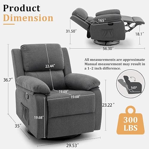 Korser Recliner Chair, 360 Swivel Rocker Chair for Adults, Small Rocking Recliner for Small Spaces, Upholstered Fabric Glider Recliner Nursery thumbnail 2