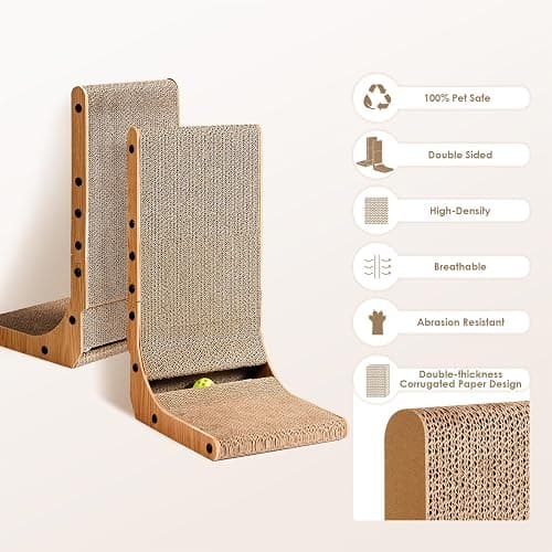 EHEYCIGA Cardboard Cat Scratcher for Indoor Cats, 26.8 Inch L Shaped Vertical Cat Scratching Board with Ball Cat Toy, Large Cat Scratcher Pad, Brown thumbnail 2