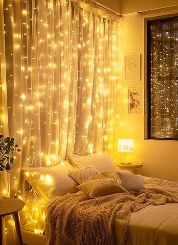 Brightown 300 LED Fairy Curtain Lights, 9.8ft x 9.8ft Warm White Curtain String Lights, USB Plug in 8 Lighting Modes Christmas Decoration, Hanging Lights with Remote for Bedroom Indoor Weddings Dorm - Warm White - 300 LED-Copper Wire thumbnail 4