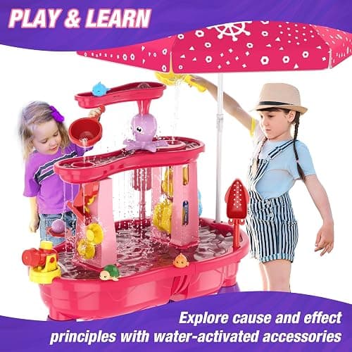 HYES Water Table for Toddlers 3-5, 3-Tier Kids Splash Sand Table Water Toys with Umbrella, Rain Showers Splash Pond for Outdoor Beach Backyard Summer, Activity Sensory Playset for Boys Girls, Red thumbnail 2