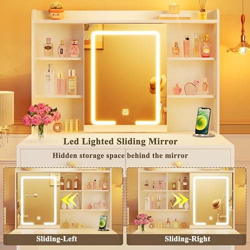 HUAHUU Vanity Desk with Mirror and Lights, 31" Makeup Vanity Desk with Lights 3 Colors, Small Vanity with 2 Storage Drawers & 6 Shelves for Girls Women Bedroom, White thumbnail 5
