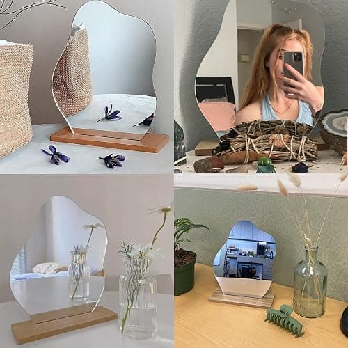 G.Dori Irregular Aesthetic Vanity Mirror Frameless, Decorative Desk Tabletop Acrylic Mirrors with Wooden Stand for Living Room, Bedroom, Office and Minimal Spaces Home Decor - Cloud Shape thumbnail 5
