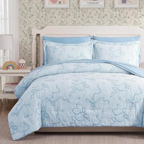 Full Size Comforter Sets for Girls - 7 Pieces Bow Bedding Set Bed in a Bag | Jacquard Cottage Core Bedding Sets, All Season Bed Set with Comforter, Sheets, Pillowcases & Shams, Light Blue - Image 1