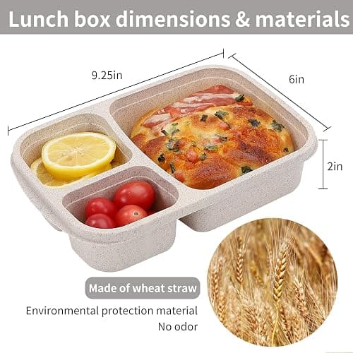 buluker 4 Pack Bento Lunch Box Set 3 Compartment Food Storage Containers Wheat Straw Meal Prep Lunch Box Plastic Food Storage Containers, Microwave and Dishwasher Safe (light colour) thumbnail 3