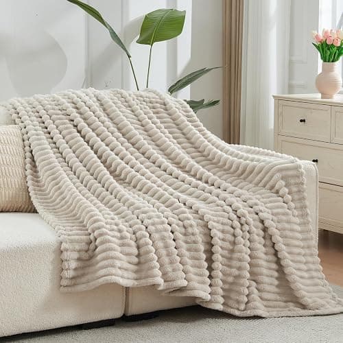 NEWCOSPLAY Super Soft Twin Blanket Linen Premium Silky Flannel Fleece 3D Ribbed Jacquard Lightweight Bed Blanket All Season Use (Linen Ribbed, Twin(60"x80")) thumbnail 3