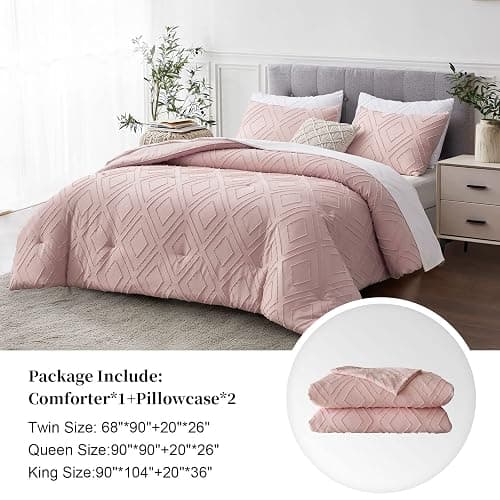 FROHAUL Boho Queen Comforter Set,Blush Pink Rhombus Tufted Queen Size Comforter Set with Corner Loops,3 Pieces Embroidery Shabby Chic Bedding Comforter Sets for All Seasons(Blush Pink,Queen) thumbnail 2