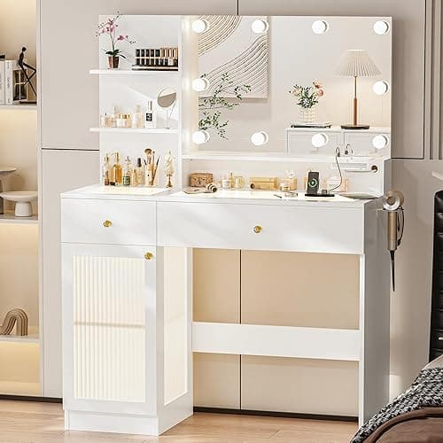 INNOD 40" Vanity Desk with Large Mirror and Lights, Modern Glass Top Makeup Vanity Set with Power Outlet, Drawers and Cabinet, 3 Lighting Color Adjustable Dressing Table for Bedroom,White