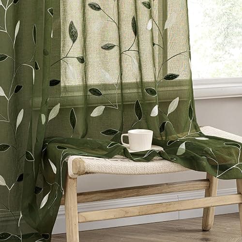 MIULEE Olive Green Sheer Curtains 2 Panels Embroidered Leaf Patterned Rod Pocket Floral Semi Faux Linen Window Curtains Drapes Set for Living Room Bedroom Dining Room, 52x84 Inches Long - Image 1