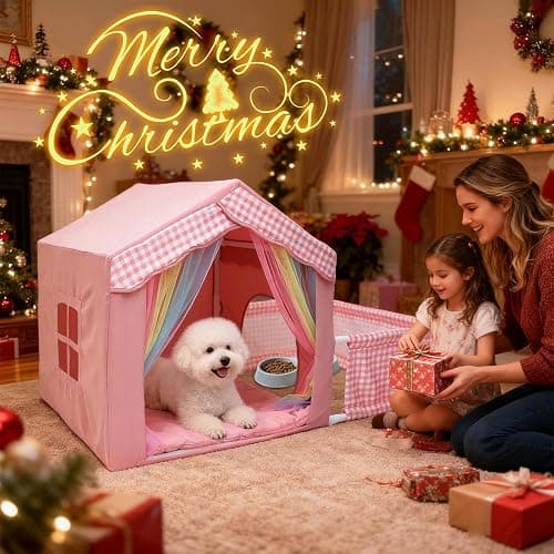 INRLKIT Princess Dog House Indoor, Cute Indoor Dog House for Small Dogs, DogTent Bed with Playpen, Small Pink Dog Canopy with Soft Cushion for Christams Gifts thumbnail 2