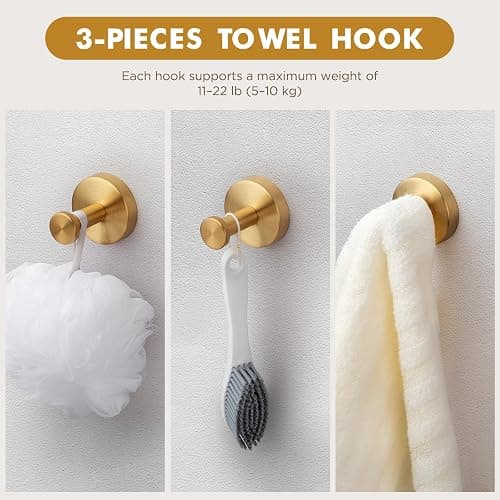 Gold Bathroom Accessories, 24” Towel Bar, Towel Ring Holder, Toilet Paper Holder and 3 Towel Hooks, Bathroom Hardware Set Wall Mounted thumbnail 7